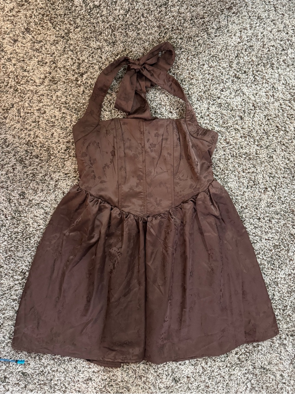 Nasty Gal Brown Floral Jacquard Halter Dress with Tie